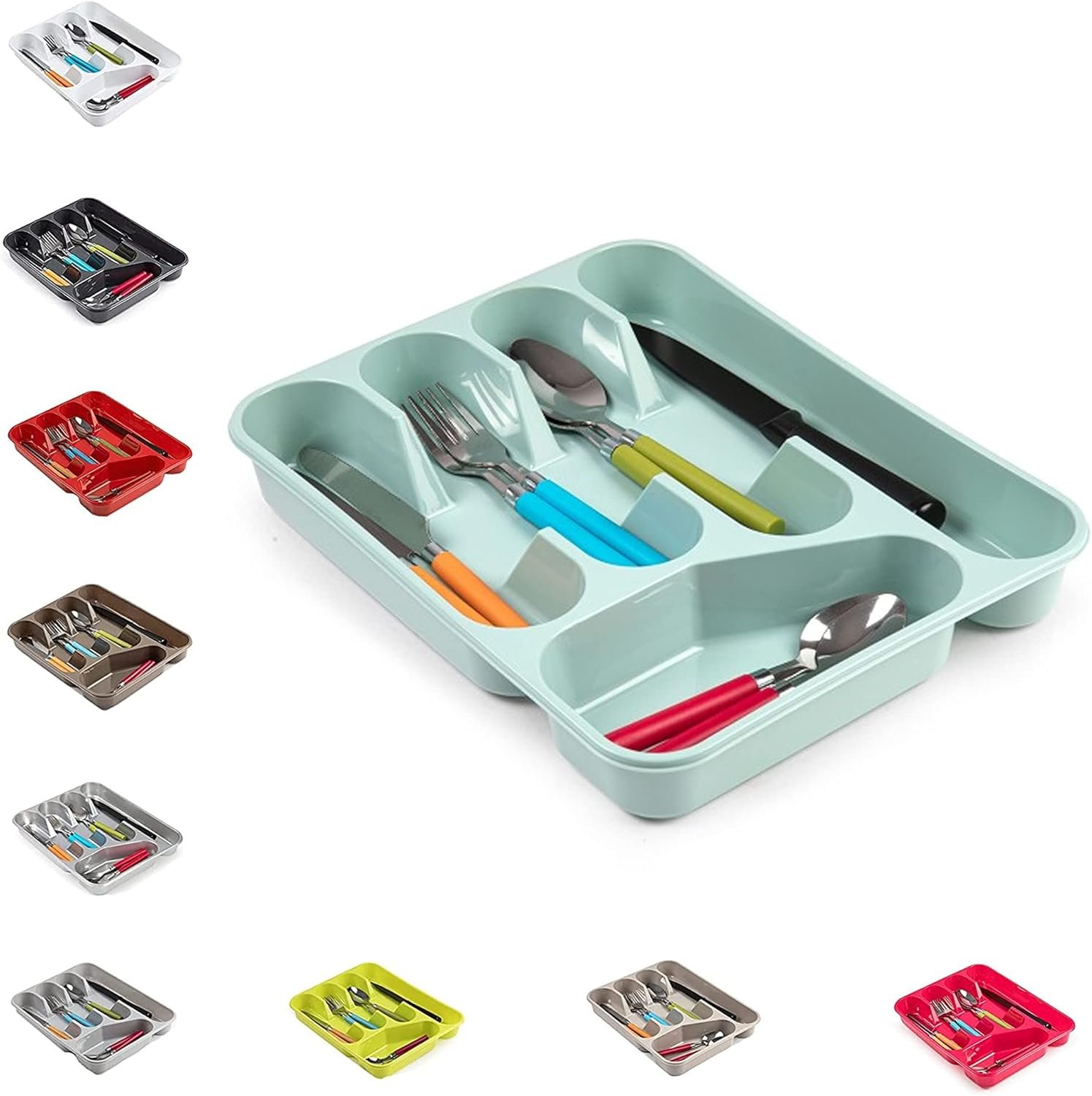 Large CUTLERY TRAY Flatware Organiser Strong Plastic Drawer Sliding Tidy Rack Holder Drawer Insert Tidy Storage, 33.5 x 26.5 x 4.5 cm - Solid Base, Mint Green