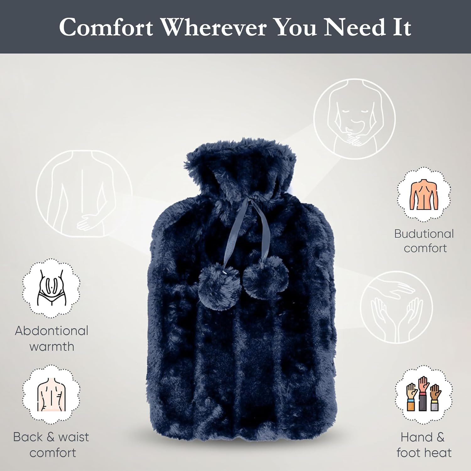 Stylish 2 Litre Hot Water Bottle with Dark Blue Faux Fur Cover – Luxury Plush Heat Bottle for Cold Nights & Body Pain Relief - Image 2