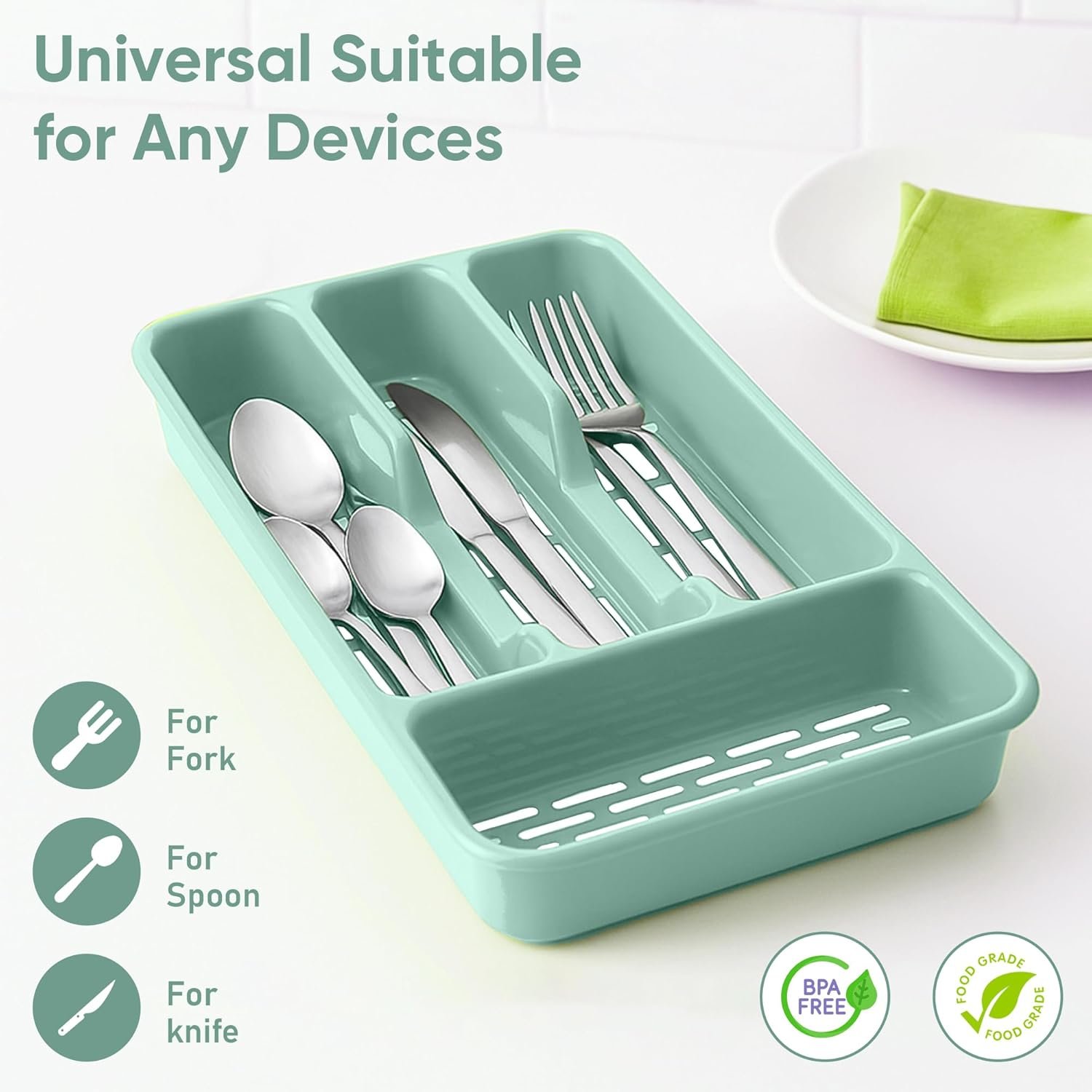 Small Tier Cutlery Tray Classic in Mint Green | BPA Free Plastic Drawer Organizer with 4 Compartments | Durable Kitchen Storage for Spoons Forks Knives Kids Cutlery | Space Saving Design - Image 3