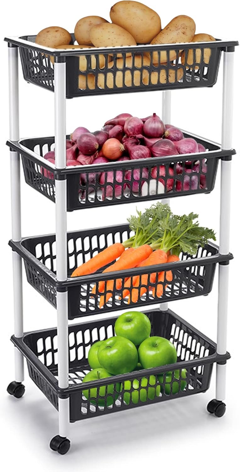 Plastic Storage Trolley Unit with Wheels Utility Kitchen Cart Vegetable Rack Fruit Basket Corner Shelf for Kitchen Bedroom Bathroom Living Room Office (4 - Tier - Taupe) - Image 4
