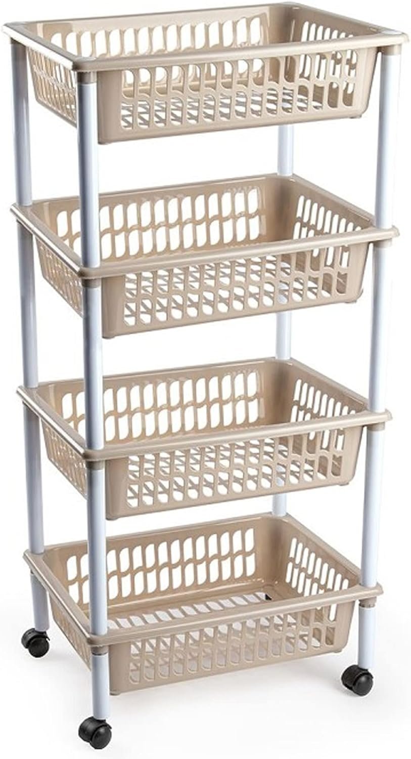 Plastic Storage Trolley Unit with Wheels Utility Kitchen Cart Vegetable Rack Fruit Basket Corner Shelf for Kitchen Bedroom Bathroom Living Room Office (4 - Tier - Taupe) - Image 3