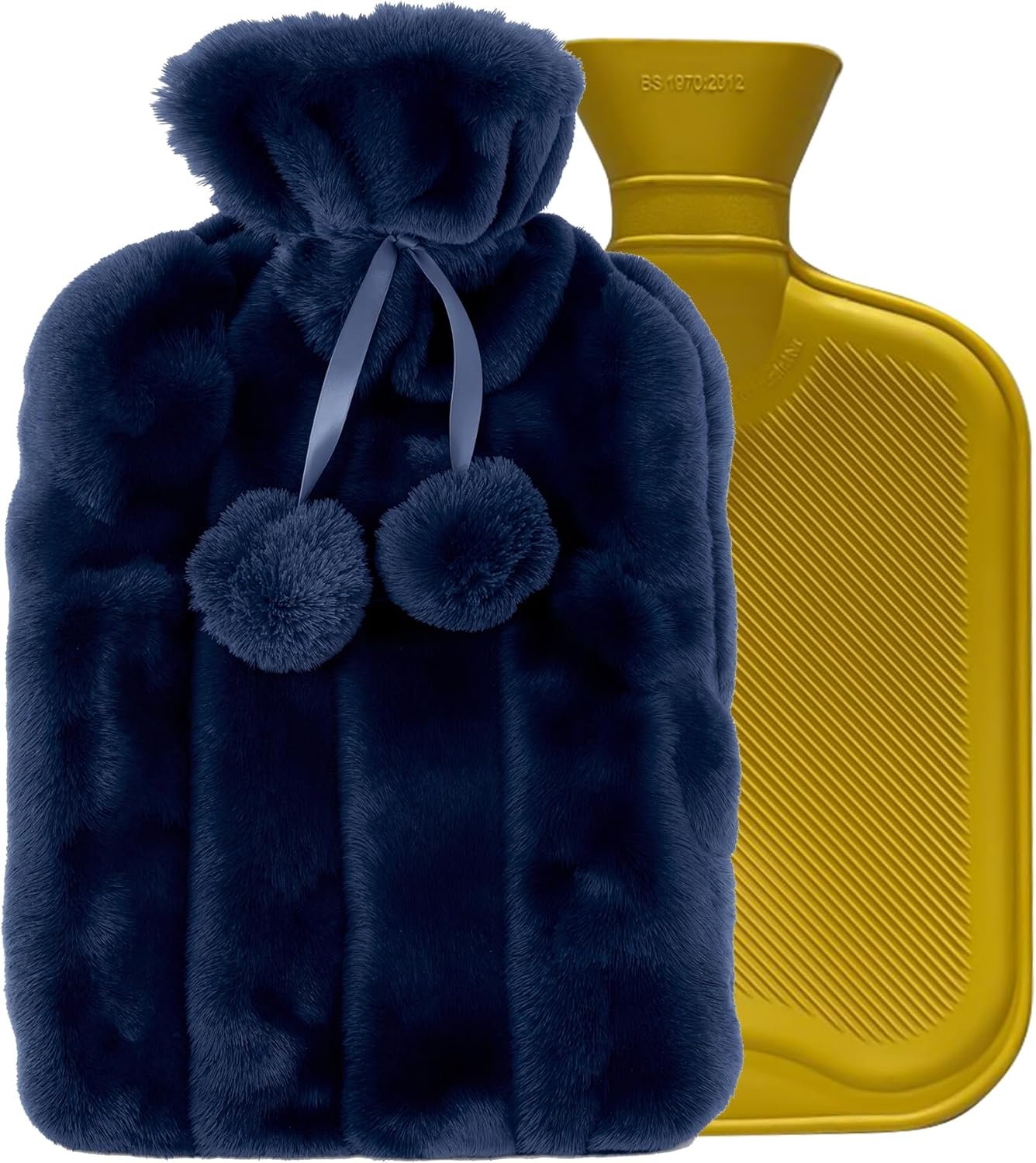 Stylish 2 Litre Hot Water Bottle with Dark Blue Faux Fur Cover – Luxury Plush Heat Bottle for Cold Nights & Body Pain Relief
