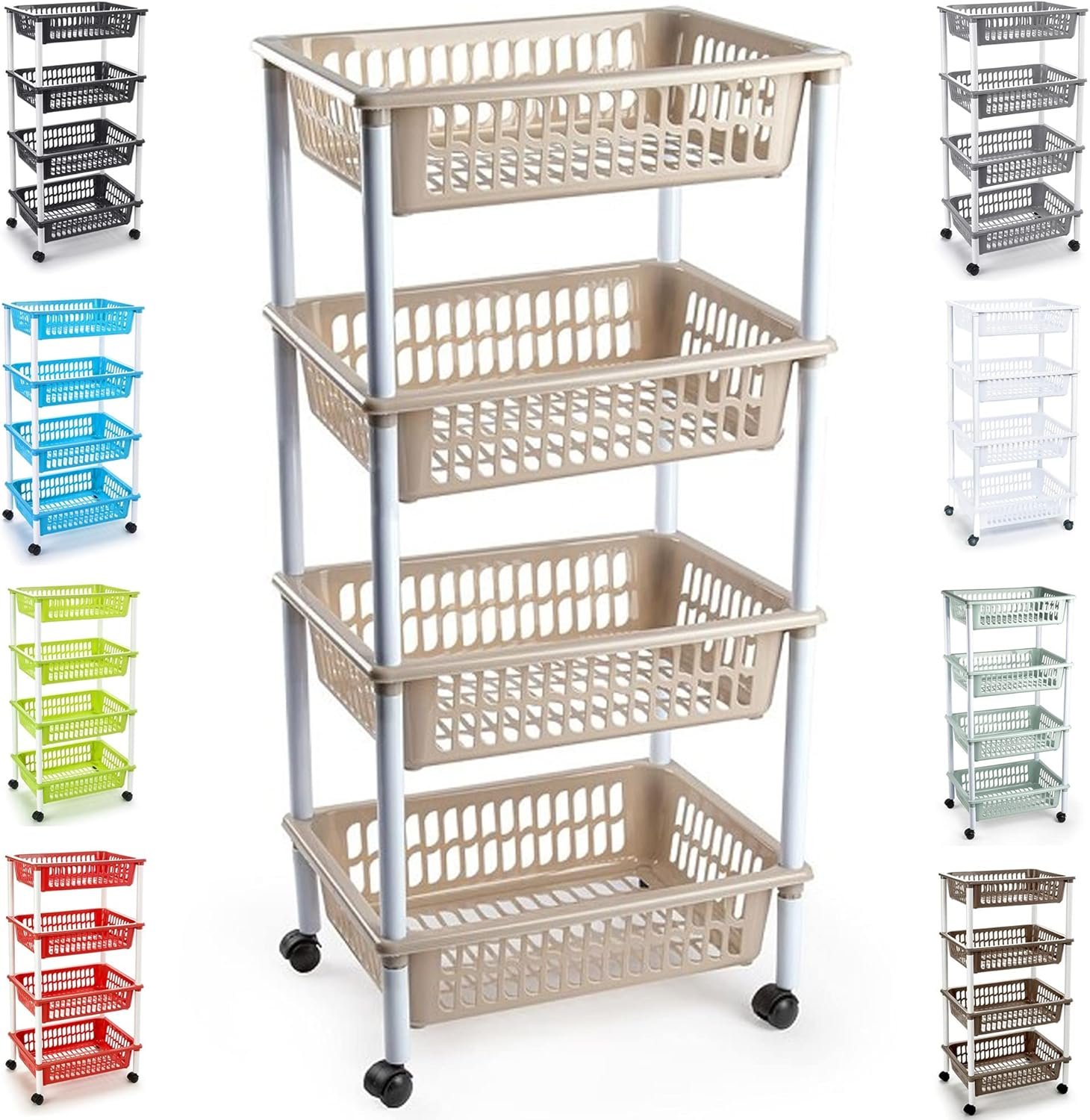 Plastic Storage Trolley Unit with Wheels Utility Kitchen Cart Vegetable Rack Fruit Basket Corner Shelf for Kitchen Bedroom Bathroom Living Room Office (4 - Tier - Taupe)